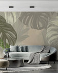 Papier peint tropical - Grandes feuilles de monstera vertes et beiges
