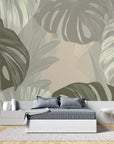 Papier peint tropical - Grandes feuilles de monstera vertes et beiges