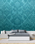 Papier peint vintage - Motifs baroques bleu turquoise