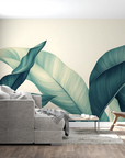 Papier peint tropical - Grandes feuilles vert d'eau