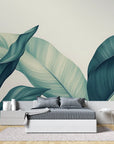 Papier peint tropical - Grandes feuilles vert d'eau
