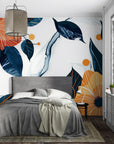 Papier peint fleuri - Orange et feuillage bleu