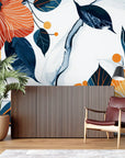 Papier peint fleuri - Orange et feuillage bleu