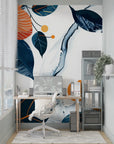 Papier peint fleuri - Orange et feuillage bleu