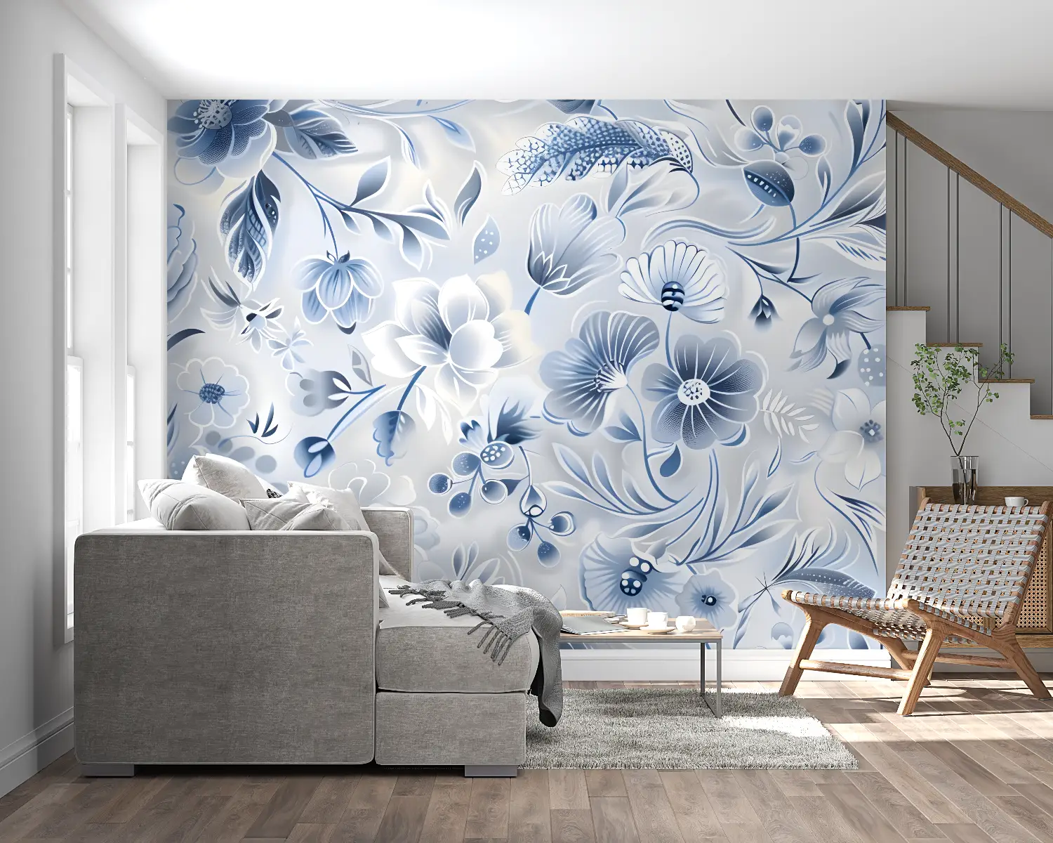 Papier Peint Floral – Fleurs Bleutées