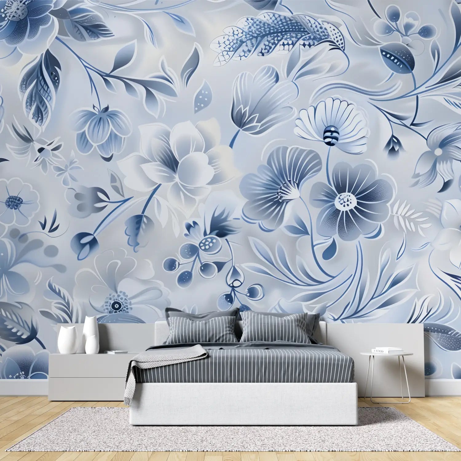 Papier Peint Floral – Fleurs Bleutées
