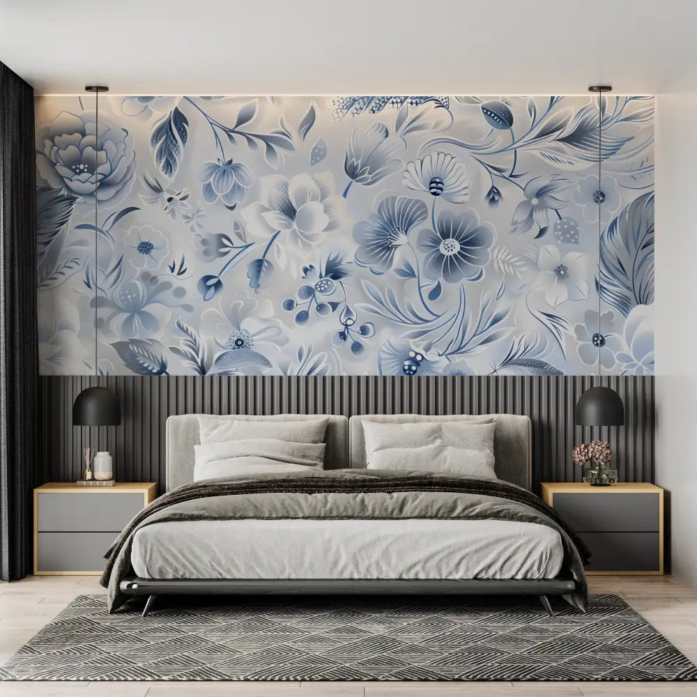 Papier Peint Floral – Fleurs Bleutées