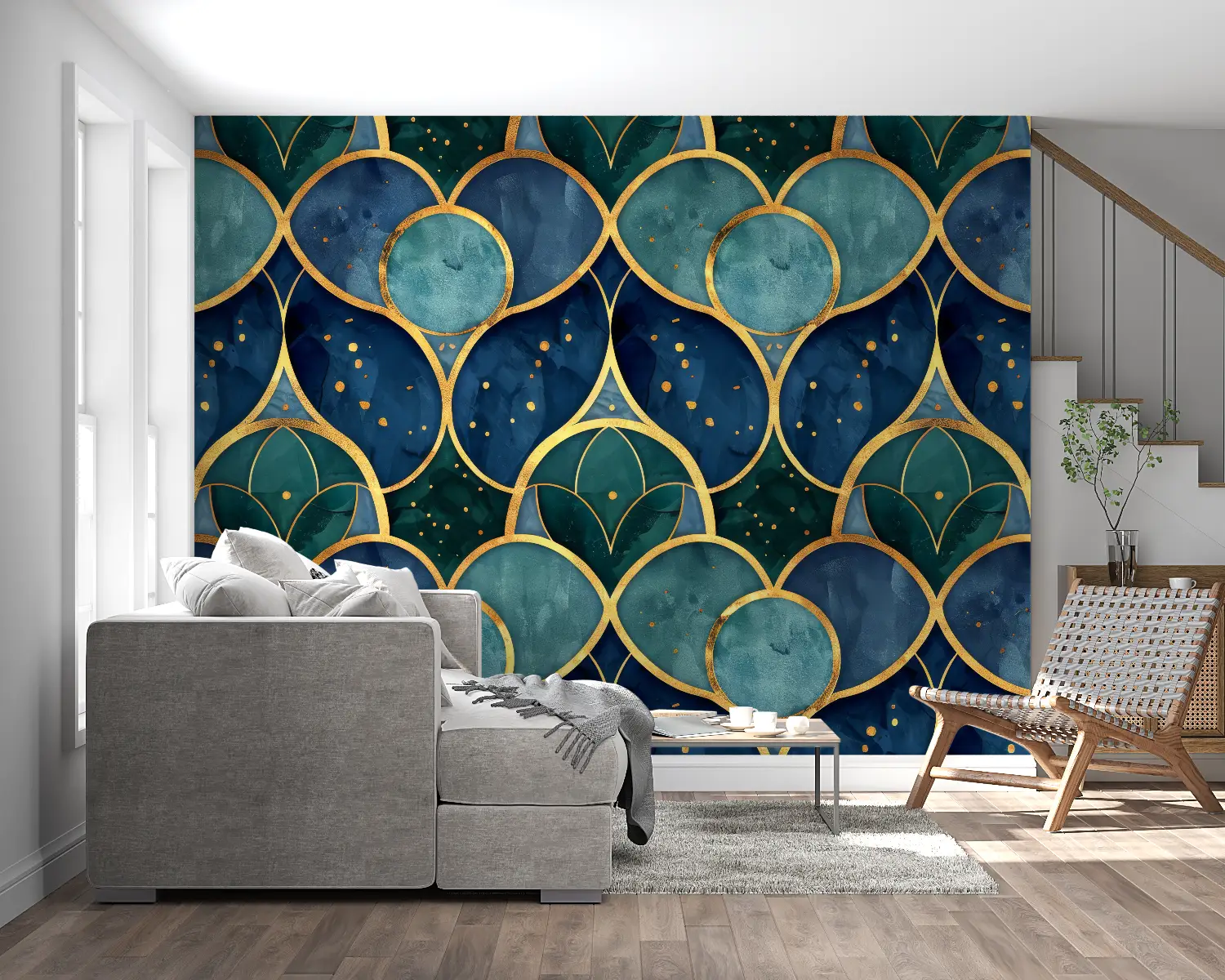 Papier Peint Géométrique - Motifs Bleus et Dorés Élégants