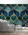 Papier Peint Géométrique - Motifs Bleus et Dorés Élégants