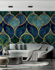 Papier peint géométrique - Arches bleues et dorées