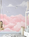 Carta da parati per bambini - Uccelli in un cielo con nuvole rosa