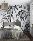 Papier peint vintage - Fruits et feuilles en noir et blanc