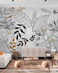 Papier Peint Design - Feuillage Noir Blanc Et Doré
