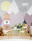Papier Peint Enfant - Village Et Montagnes Roses