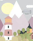 Papier Peint Enfant - Village Et Montagnes Roses