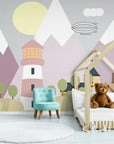 Papier Peint Enfant - Village Et Montagnes Roses