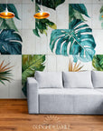 Papier Peint Exotique - Géométrique Plantes Tropicales Et Marbre