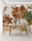Papier peint floral - Fleurs terracotta aux contours beiges