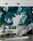 Papier Peint Tropical – Fleurs Blanches et Feuilles Sarcelle