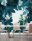 Papier Peint Tropical – Fleurs Blanches et Feuilles Sarcelle