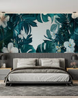 Papier Peint Tropical – Fleurs Blanches et Feuilles Sarcelle