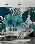 Papier Peint Tropical – Hibiscus Sarcelle et Feuillage