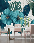 Papier Peint Tropical – Hibiscus Sarcelle et Feuillage