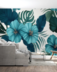 Papier Peint Tropical – Hibiscus Sarcelle et Feuillage