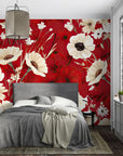 Papier peint floral - Fleurs sauvages sur fond rouge vif