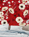 Papier Peint Floral - Fleurs Sauvages sur Rouge Intense