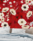 Papier peint floral - Fleurs sauvages sur fond rouge vif