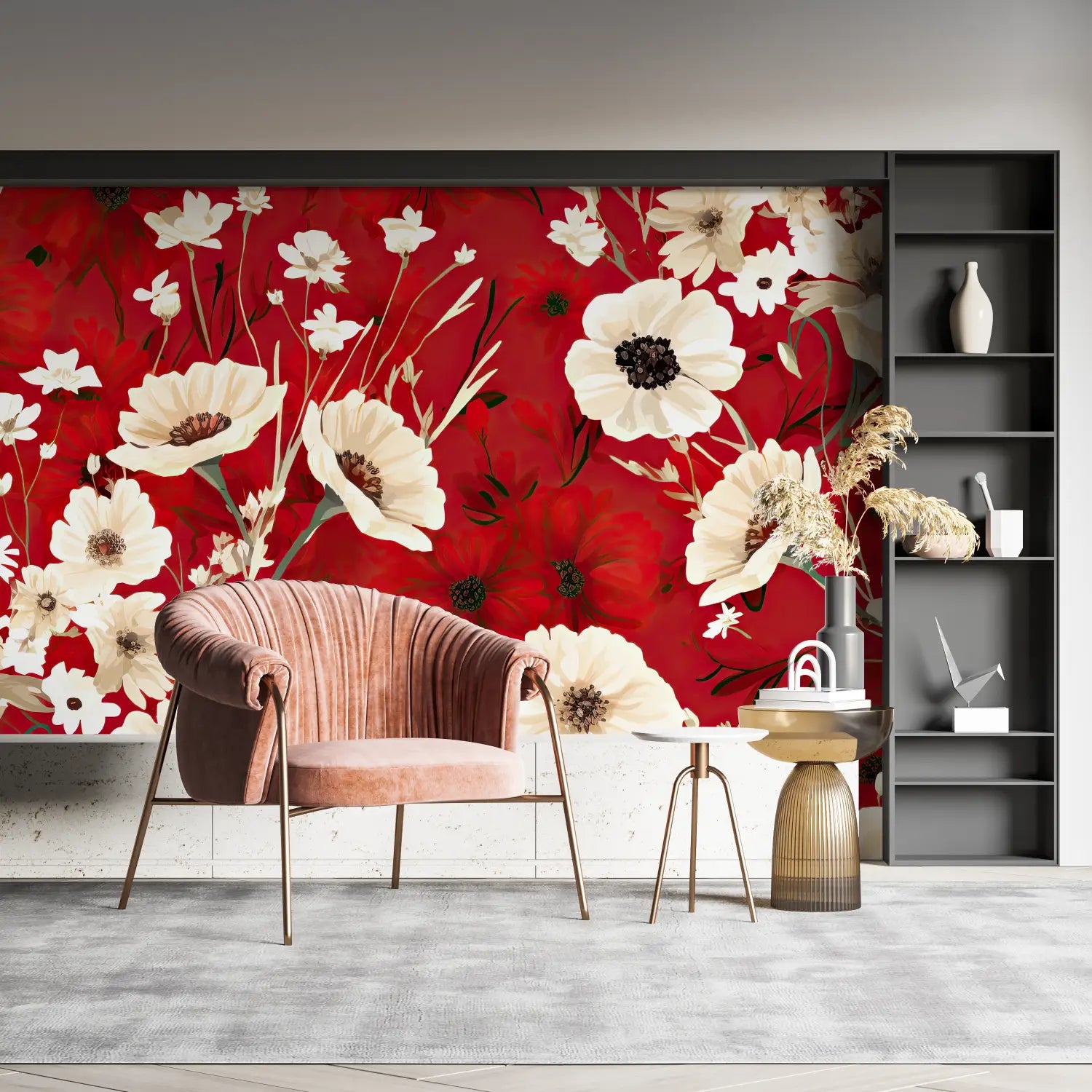 Papier Peint Floral - Fleurs Sauvages sur Rouge Intense