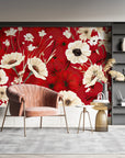 Papier peint floral - Fleurs sauvages sur fond rouge vif