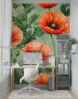 Papier peint floral - Coquelicots orange sur fond vert