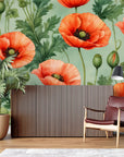 Papier peint floral - Coquelicots orange sur fond vert