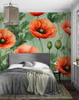 Papier peint floral - Coquelicots orange sur fond vert
