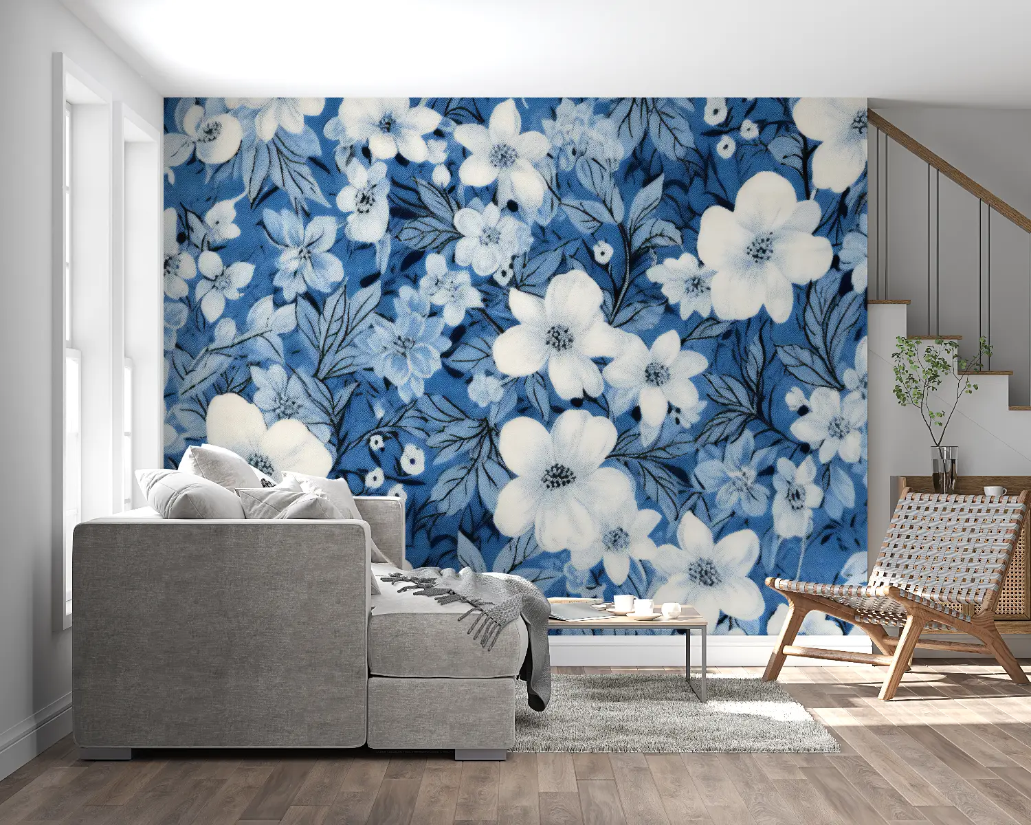 Papier Peint Floral – Fleurs Blanches sur Bleu