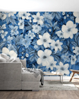 Papier Peint Floral – Fleurs Blanches sur Bleu