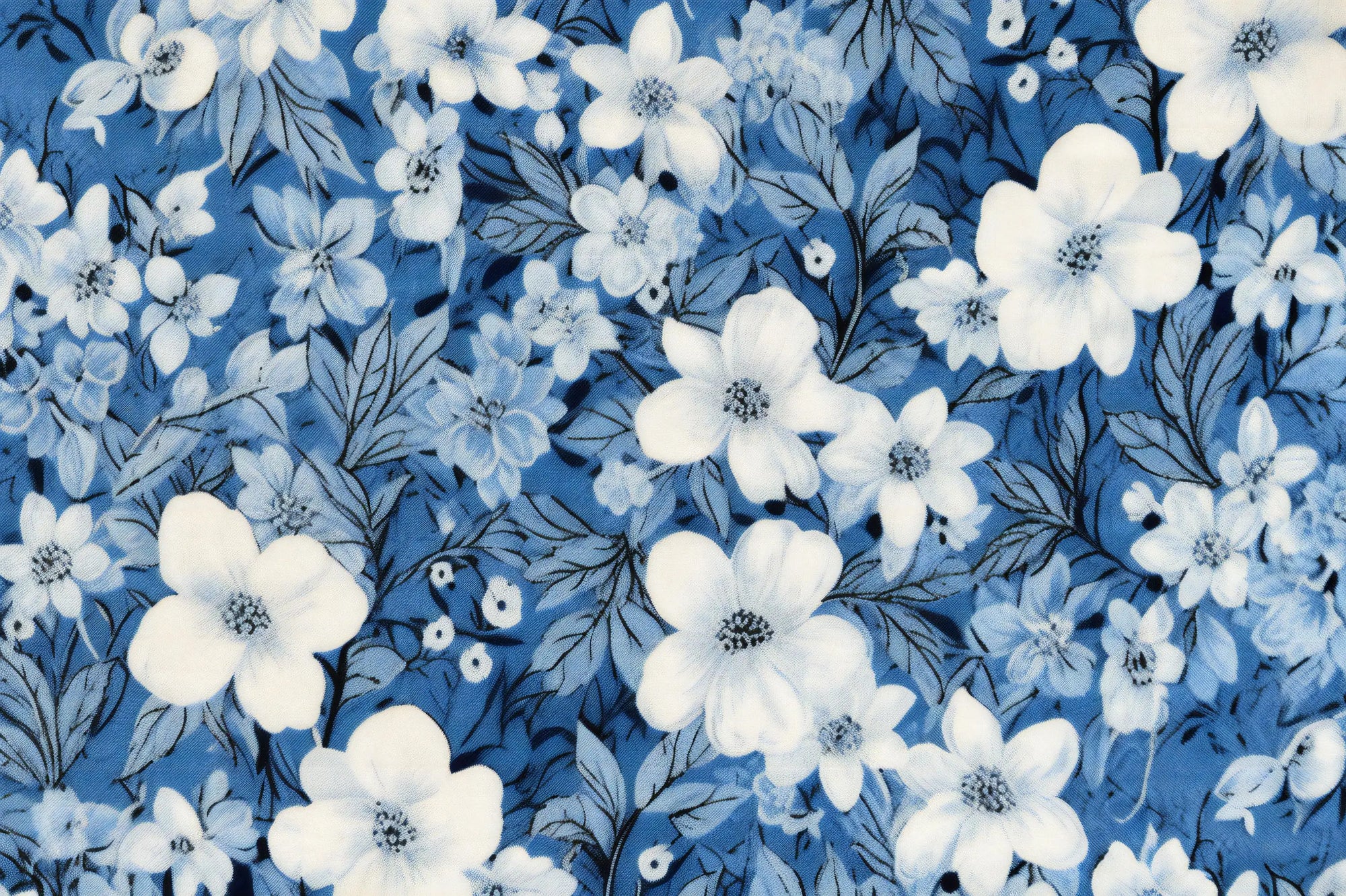 Papier Peint Floral – Fleurs Blanches sur Bleu