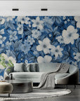 Papier Peint Floral – Fleurs Blanches sur Bleu