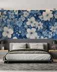 Papier Peint Floral – Fleurs Blanches sur Bleu