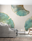 Papier Peint Feuillage – Ginkgos Turquoise et Reflets Dorés