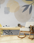 Papier peint abstrait - Feuilles et formes jaunes et bleues