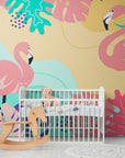 Papier peint tropical - Flamants roses et feuillage exotique