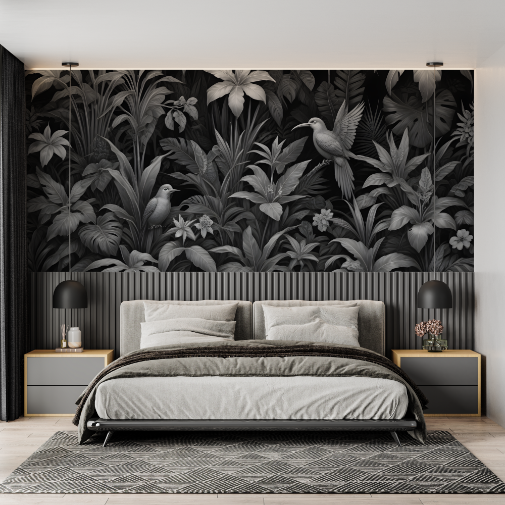 Papier Peint Tropical - Jungle Sombre et Oiseaux Exotiques