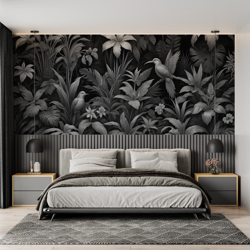 Papier Peint Tropical - Jungle Sombre et Oiseaux Exotiques