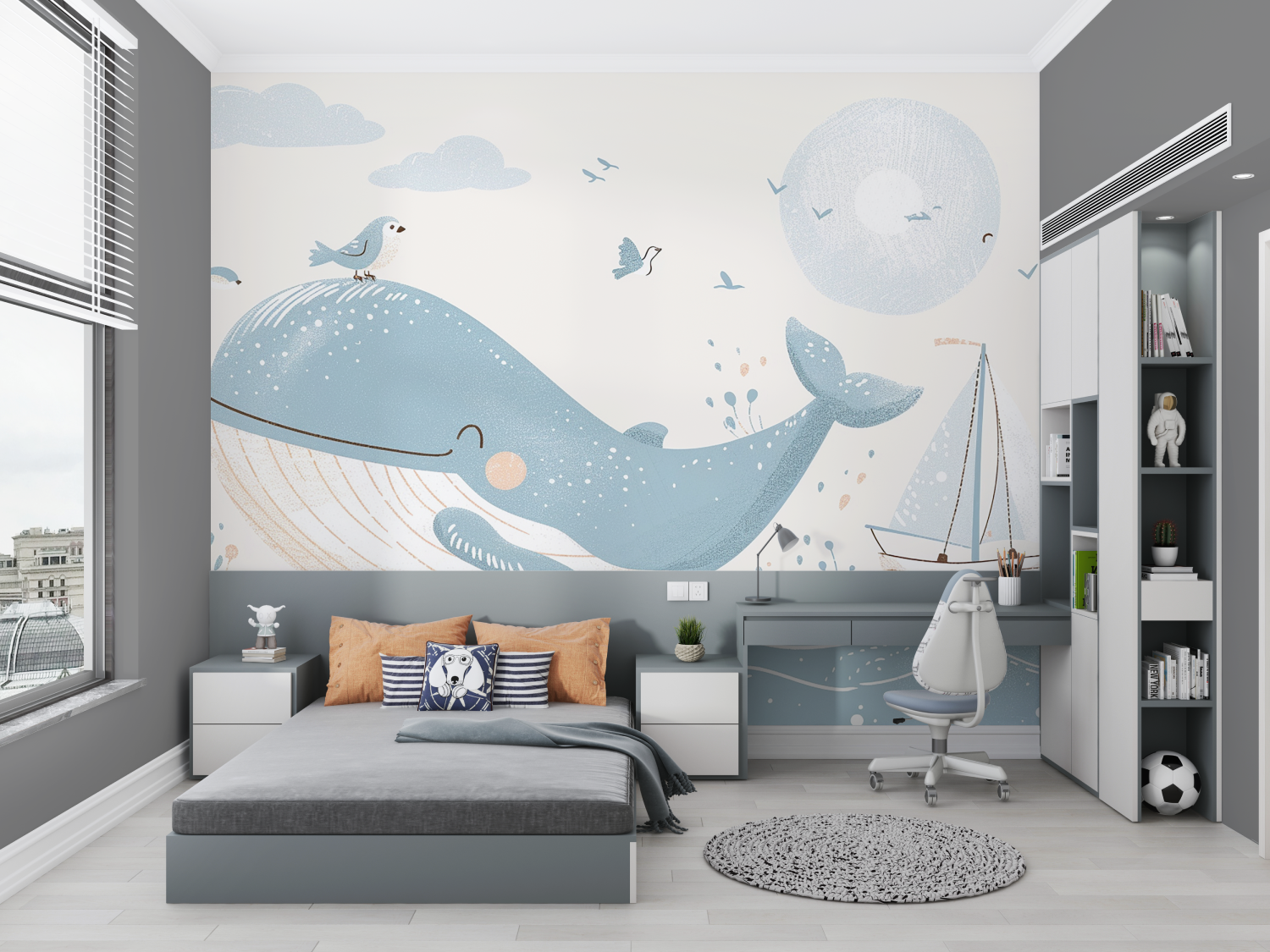Papier Peint Enfant - Baleine Bleue Heureuse