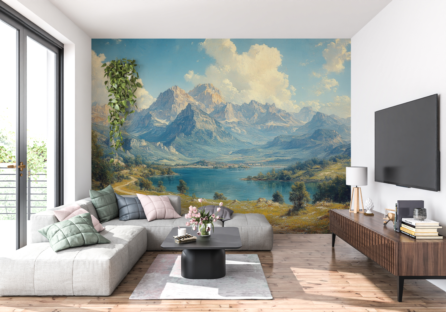 Papier Peint Paysage - Sommets Enneigés et Lac Alpin