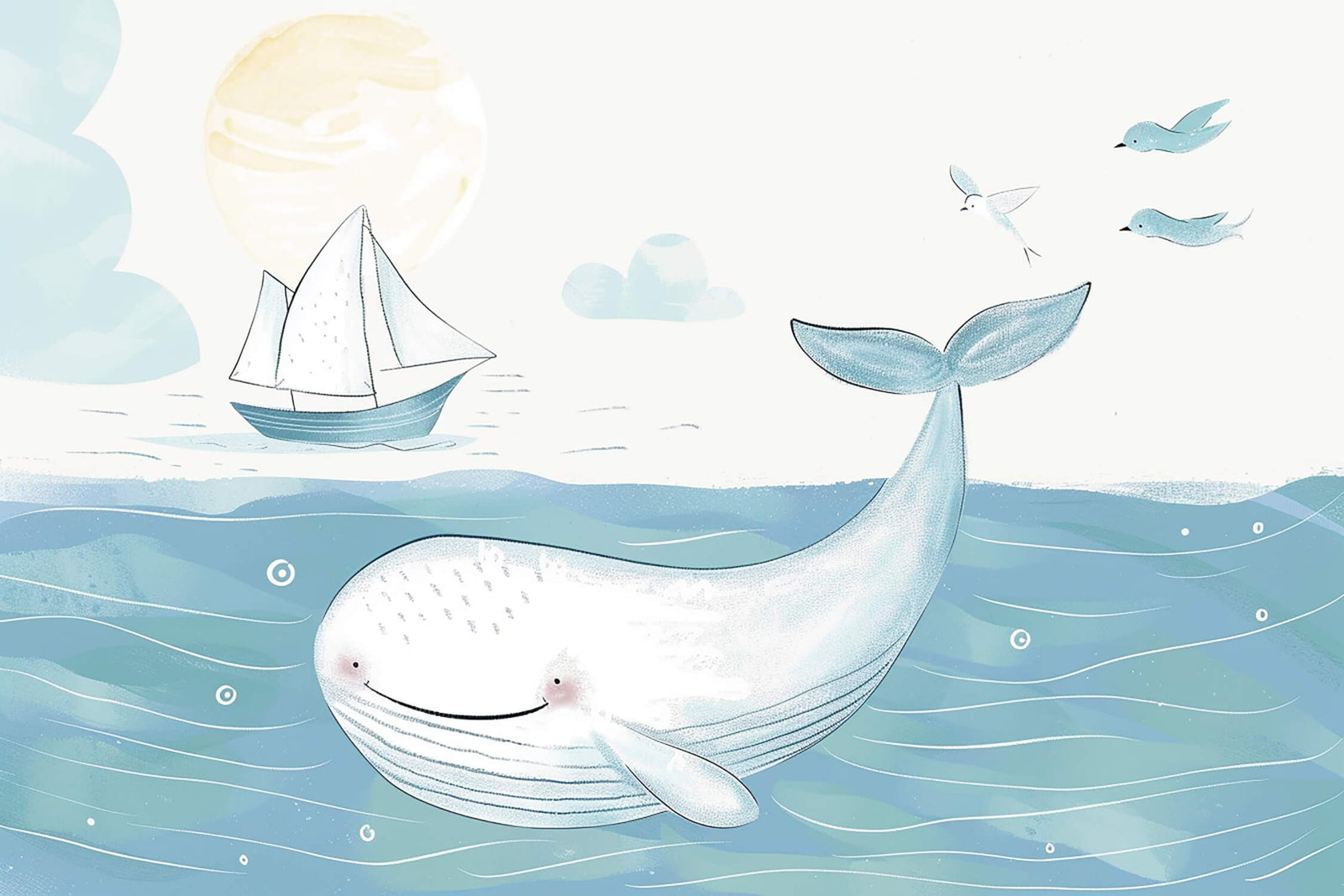 Children's Wallpaper - Smiling Whale and Sailboat