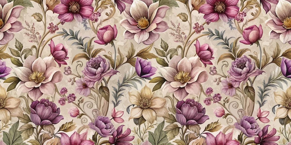 Papier peint fleuri - pivoines baroques violettes